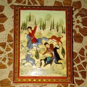 Persian Hand-Painted Mosaic Trinket Boxwith Horse Riders